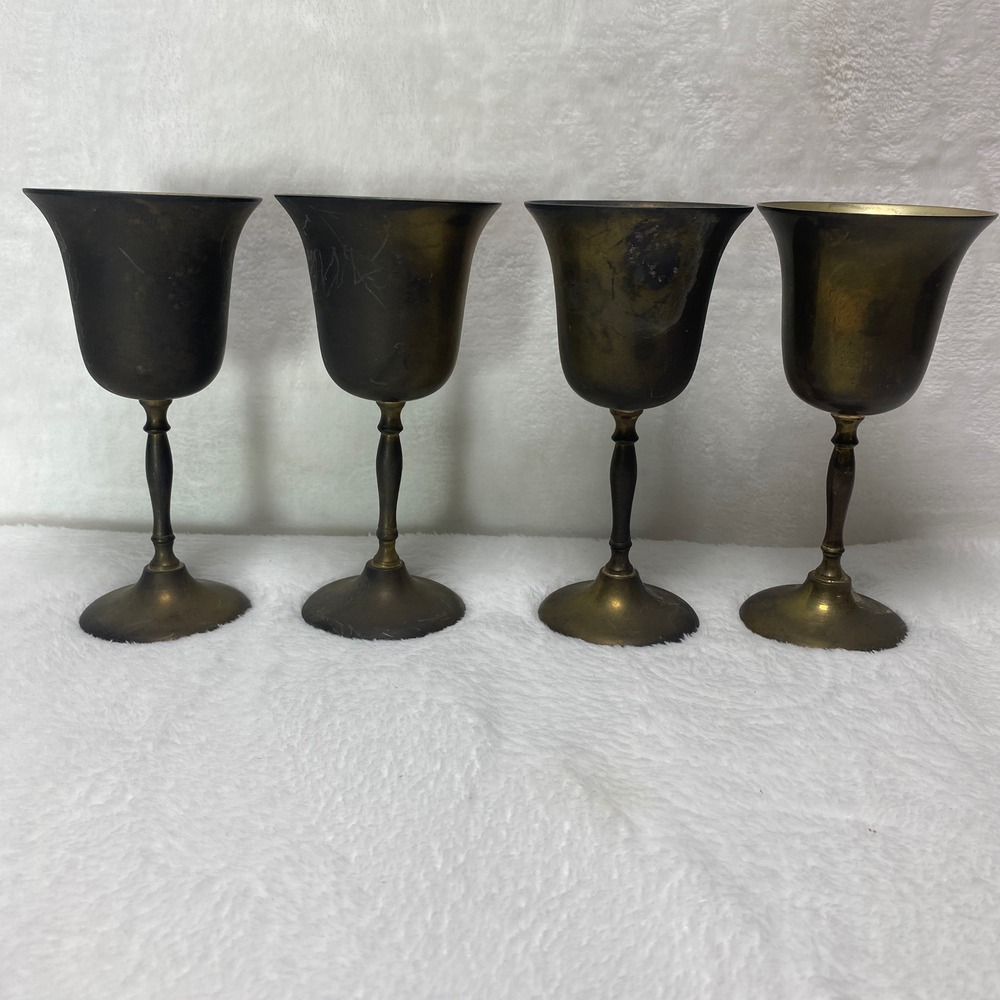Vintage Brass Goblets Chalice Cups Set of 4 Tarnished Rustic Decor Boho